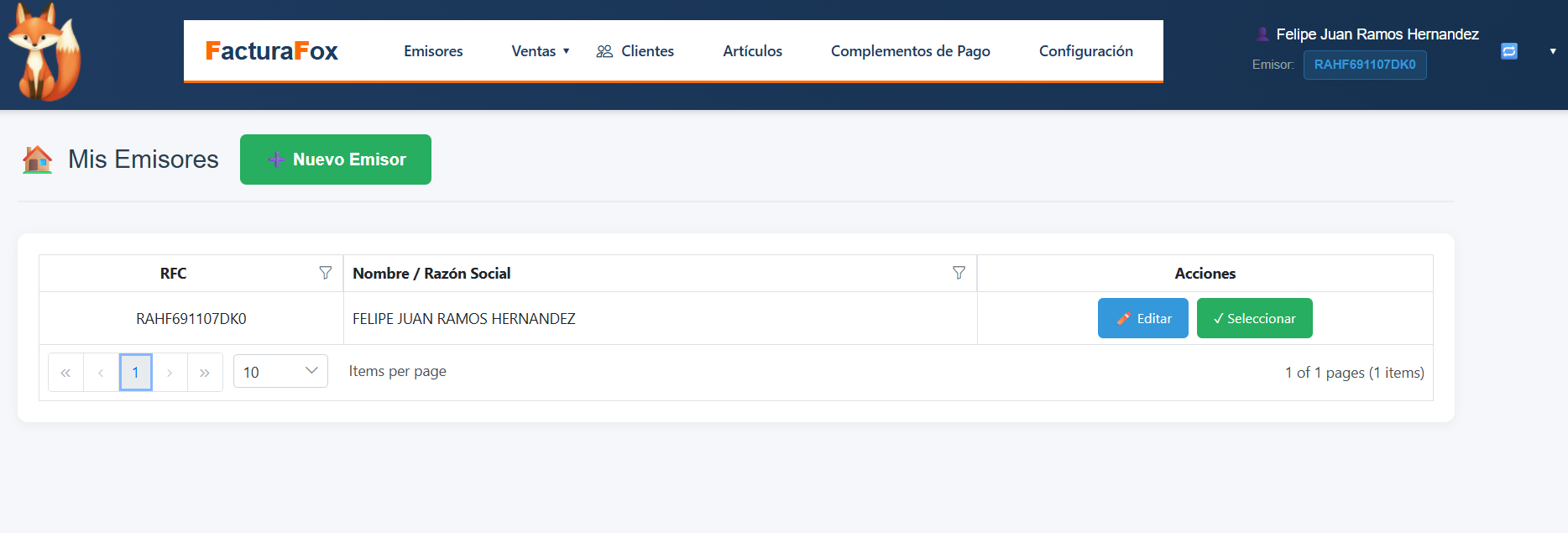 Panel principal de FacturaFox